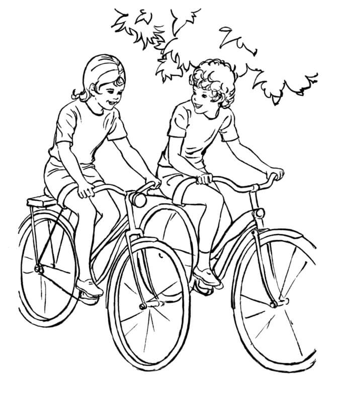 Dibujo de Ciclismo Chico y Chica En El Parque para Colorear y Imprimir