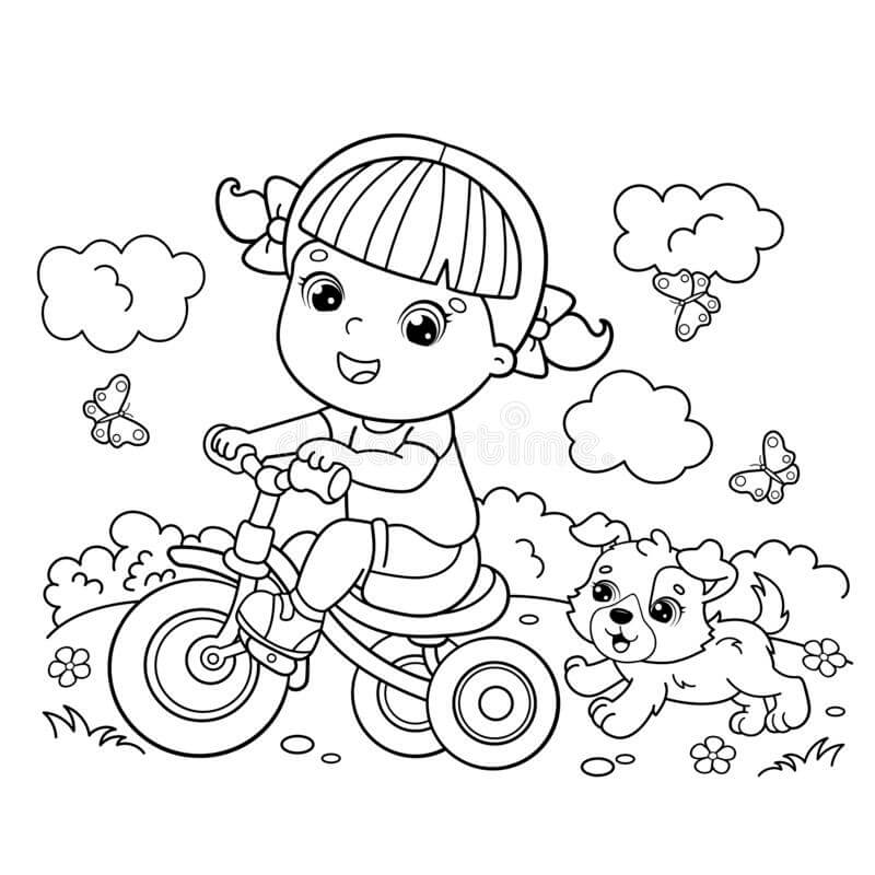 Dibujo de Ciclismo Niña y Perro para Colorear y Imprimir