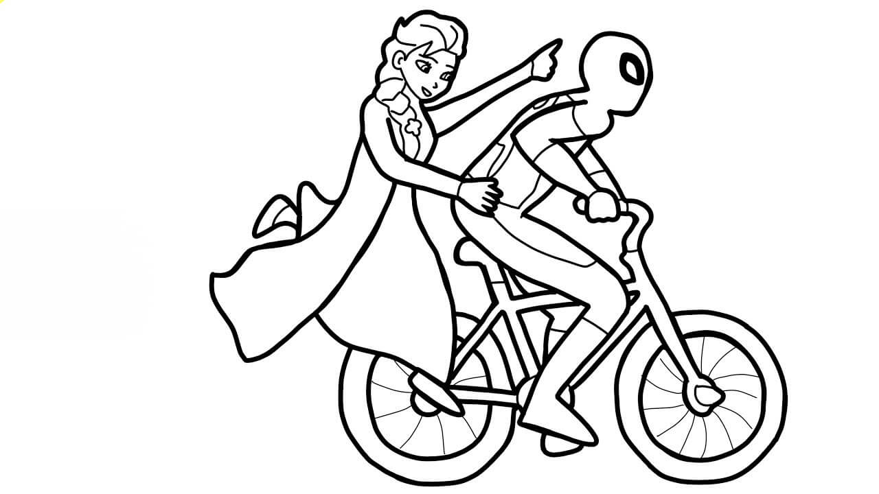 Dibujo de Elsa y El Hombre Araña En Bicicleta para Colorear y Imprimir