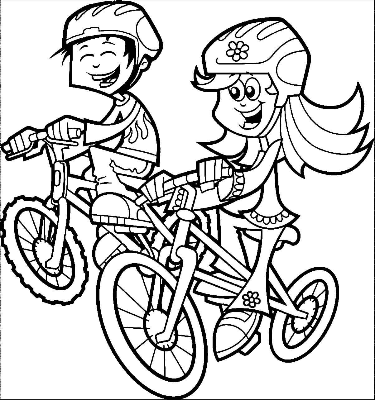 Dibujo de Niña y Niño Ciclismo para Colorear y Imprimir