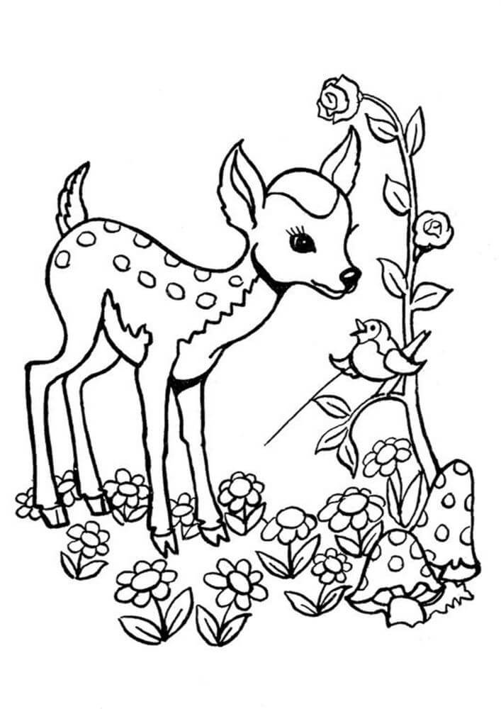 dibujo ciervos y flor para imprimir y colorear
