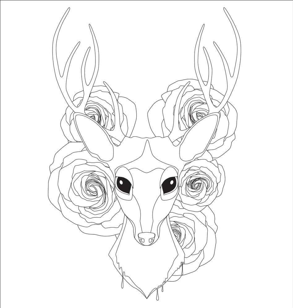 Dibujo de Cabeza de Ciervo Con Rosa para Colorear y Imprimir