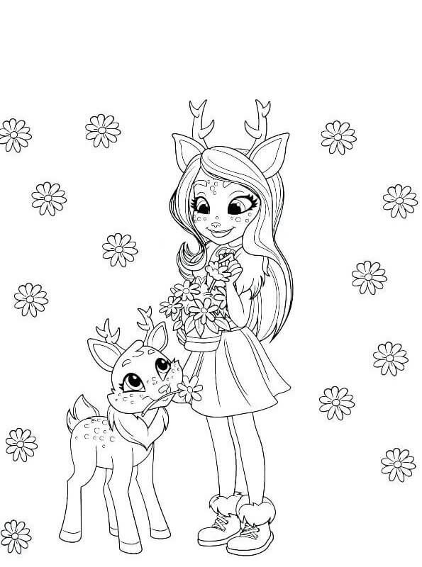 dibujo nina y lindo ciervo para imprimir y colorear