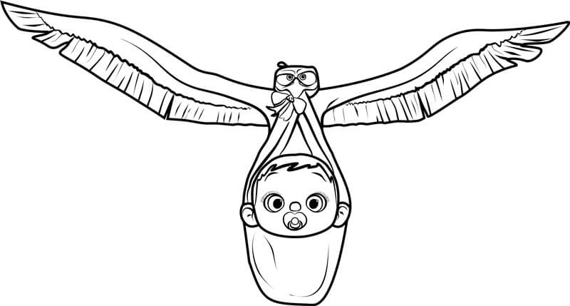 Dibujo de Cigüeña Junior Con Bebé para Colorear y Imprimir