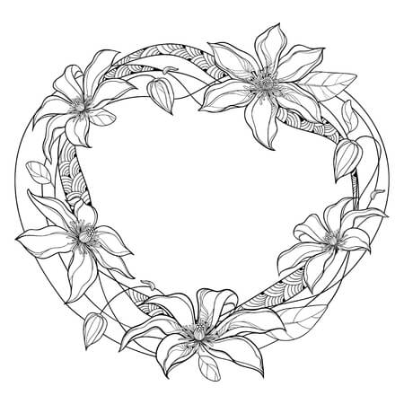 Dibujo de Marco Redondo Con Flor y Hoja de Clematis para Colorear y Imprimir