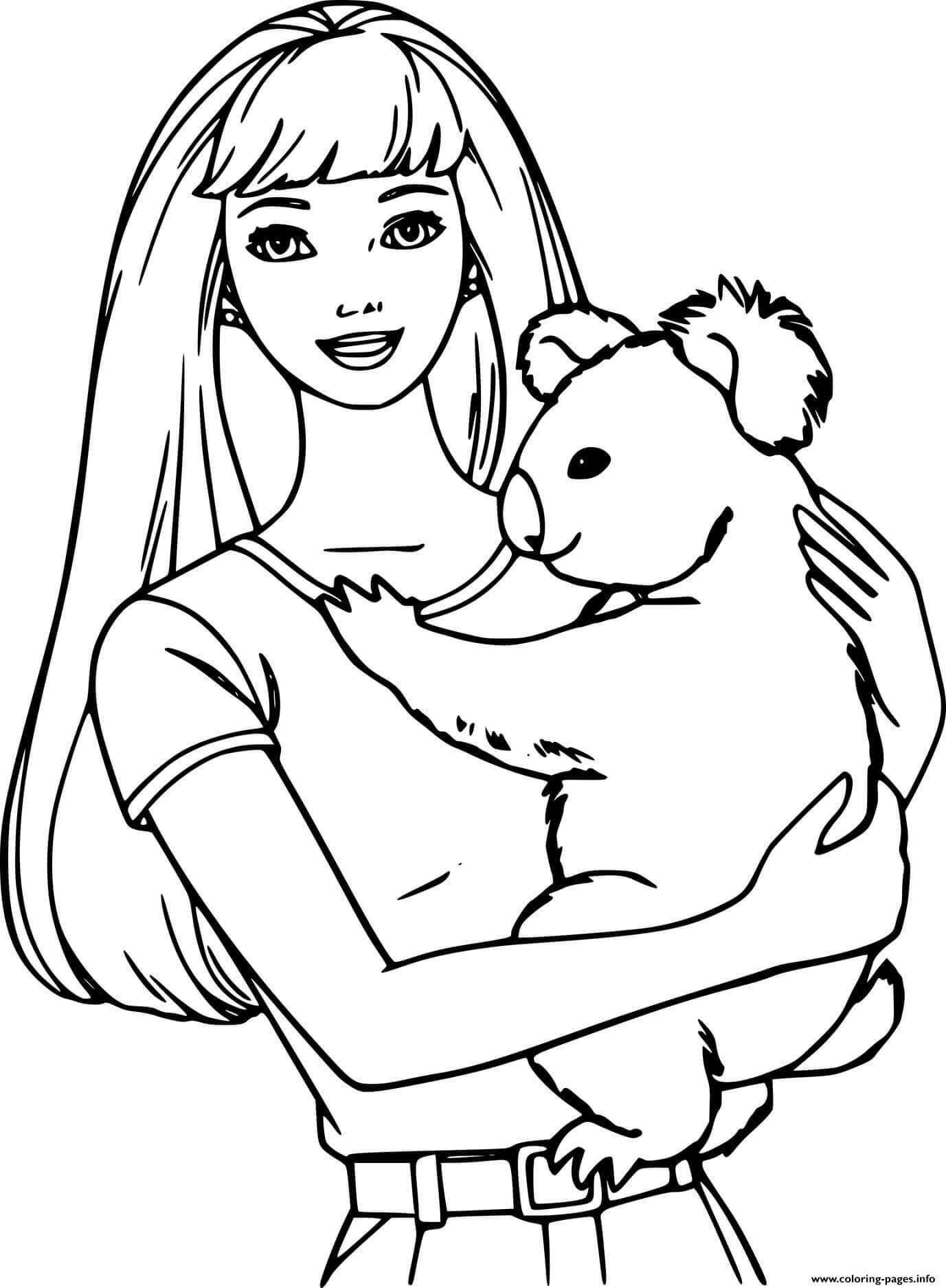 Dibujo de Chica Sujetando Koala para Colorear y Imprimir