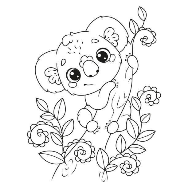 Dibujo de Koala Con Flor para Colorear y Imprimir