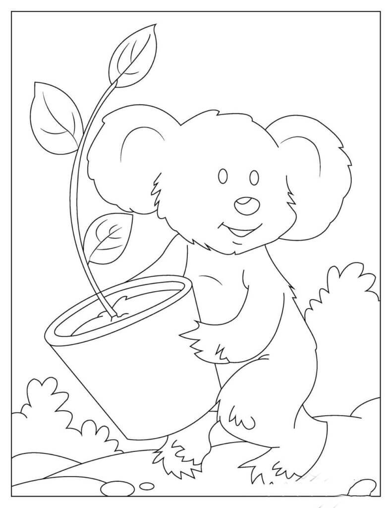 Dibujo de Koala Sosteniendo Una Maceta para Colorear y Imprimir