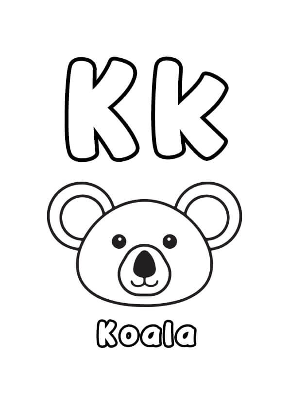 Dibujo de Letra K Koala para Colorear y Imprimir