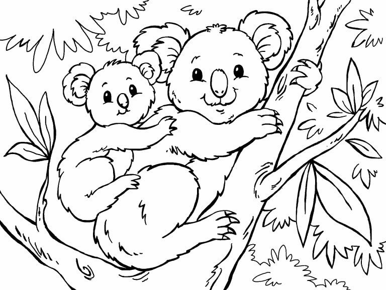 Dibujo de Madre Koala Con Bebé Koala En El Árbol para Colorear y Imprimir