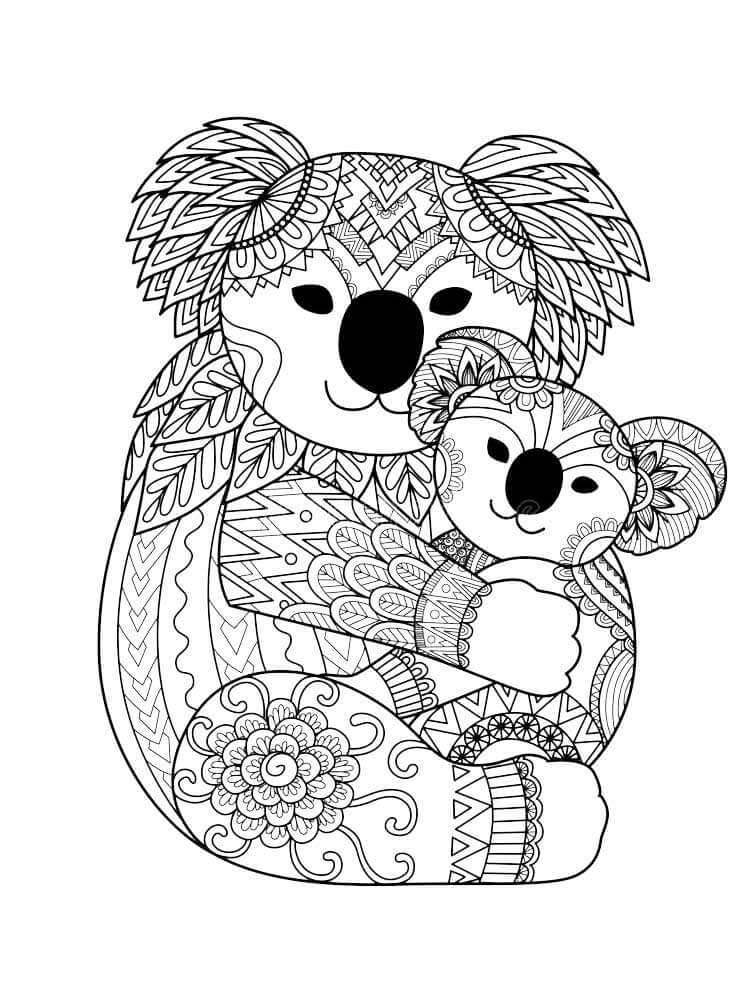 Dibujo de Madre Koala Con Bebé Koala Mándala para Colorear y Imprimir