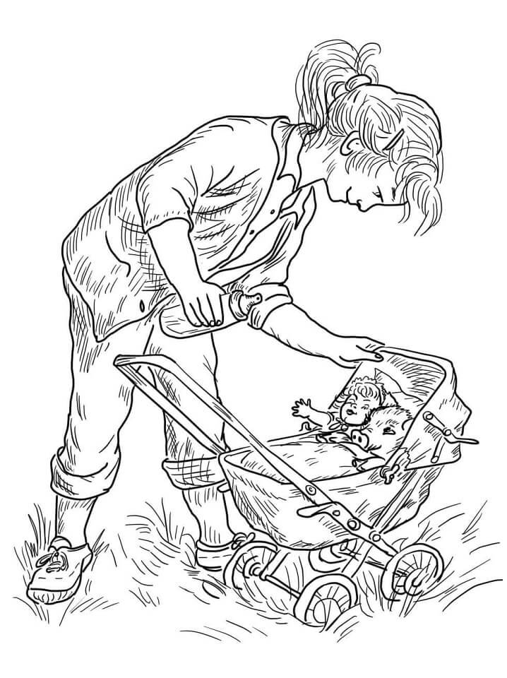 Dibujo de Cochecito Niña y Bebé para Colorear y Imprimir