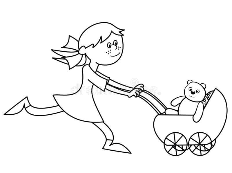 Dibujo de Niña y Cochecito Con Osito de Peluche para Colorear y Imprimir