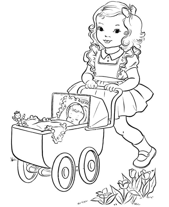 Dibujo de Una Bebé En Cochecito para Colorear y Imprimir