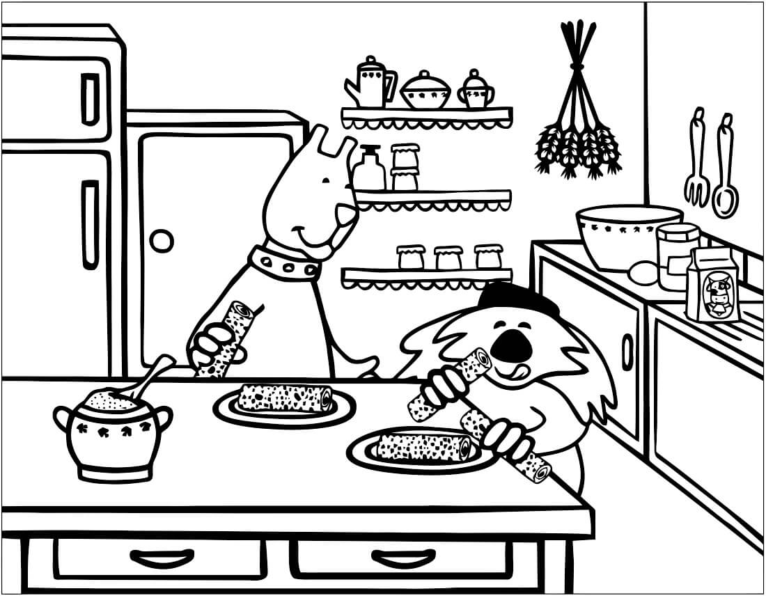 Dibujo de Animales Comiendo En La Cocina para Colorear y Imprimir