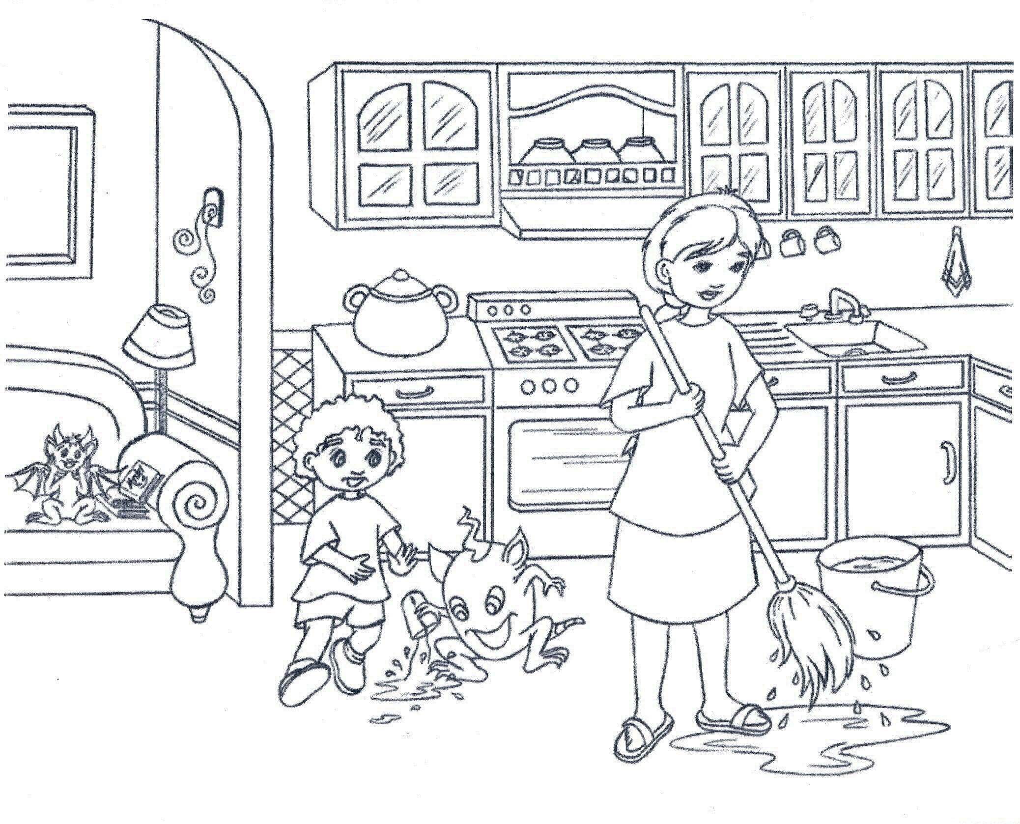 Dibujo de dos Niños y La Bestia En La Cocina para Colorear y Imprimir
