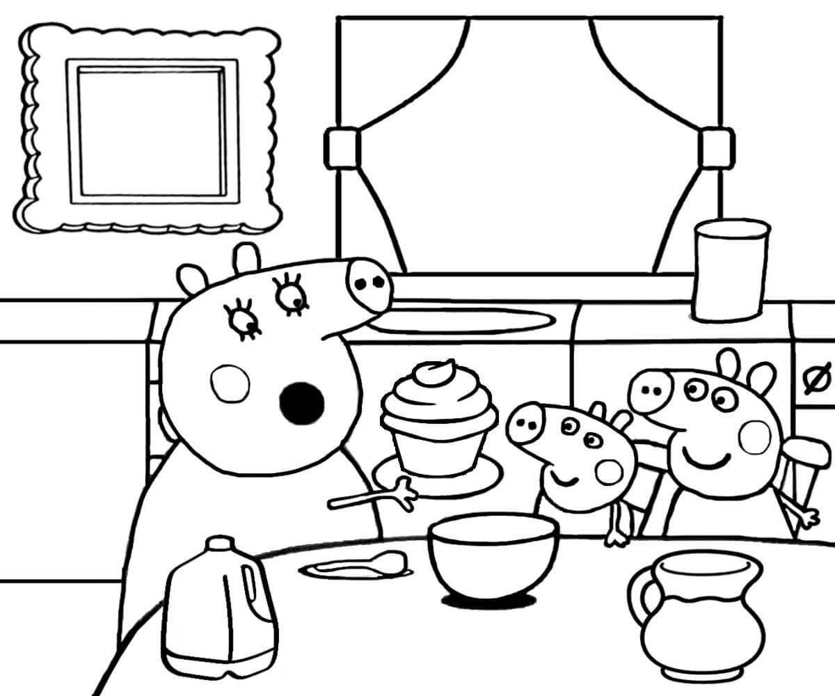 Dibujo de Familia Peppa Pig En La Cocina para Colorear y Imprimir