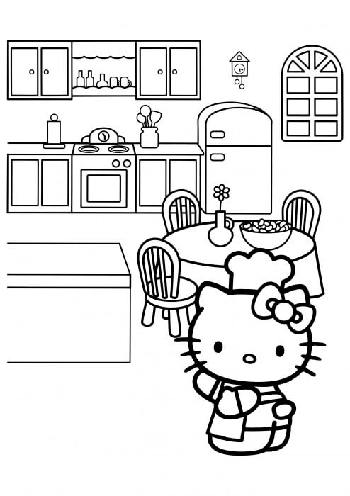Dibujo de Gatito Chef En La Cocina para Colorear y Imprimir
