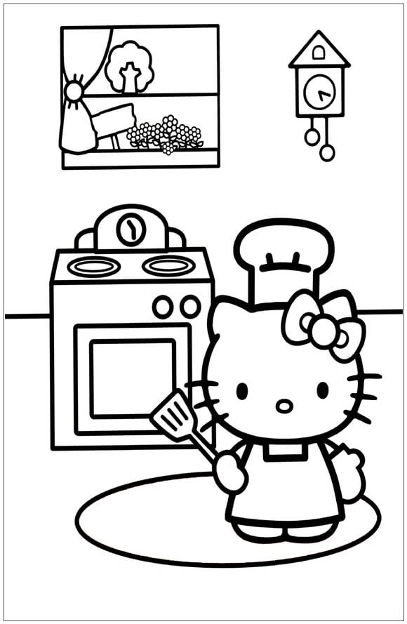 Dibujo de Hello Kitty Cocinando En La Cocina para Colorear y Imprimir