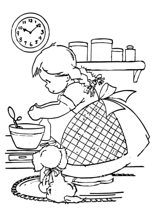 Dibujo de Niña Cocinando y Perro En La Cocina para Colorear y Imprimir