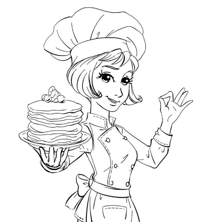 dibujo cocirena nina cocinando panqueques para colorear