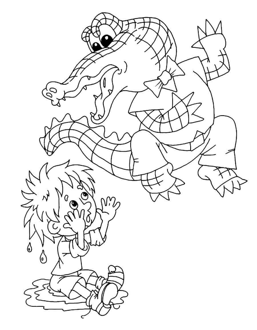 dibujo cocodrilo de dibujos animados caminando para imprimir y colorear