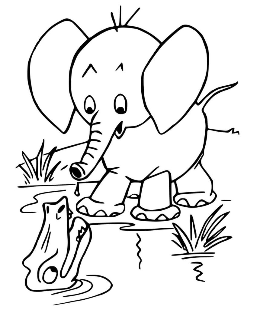 Dibujo de Cocodrilo y Elefante para Colorear y Imprimir