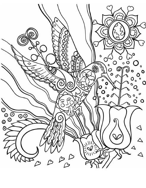 dibujo colibri parado en flor para imprimir y colorear