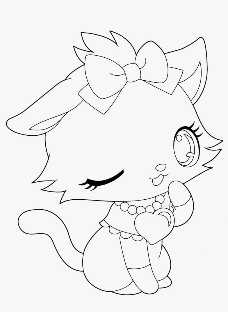 Dibujo de Lindo Gatito Con Un Collar de Corazón para Colorear y Imprimir