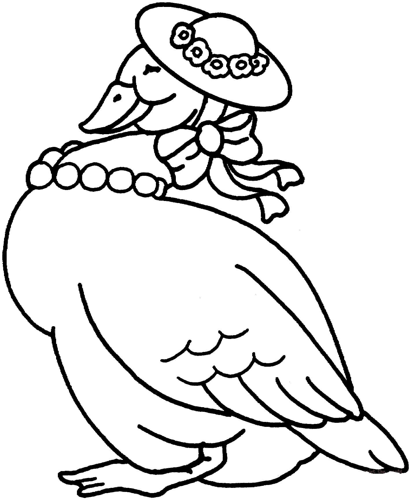 Dibujo de Pato Con Sombrero y Collar de Perlas para Colorear y Imprimir