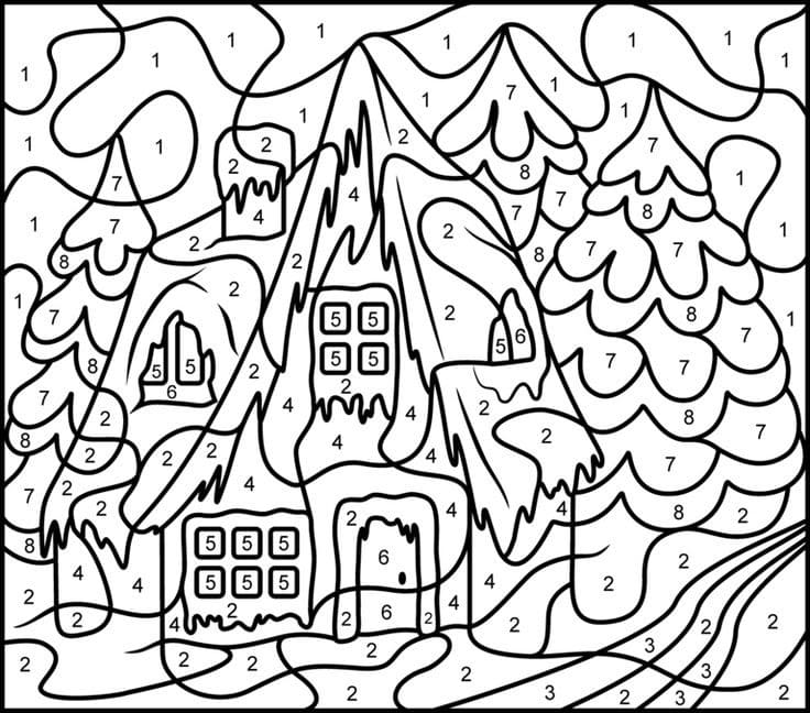 Dibujo de Casa de Navidad Colorear por Número para Colorear y Imprimir