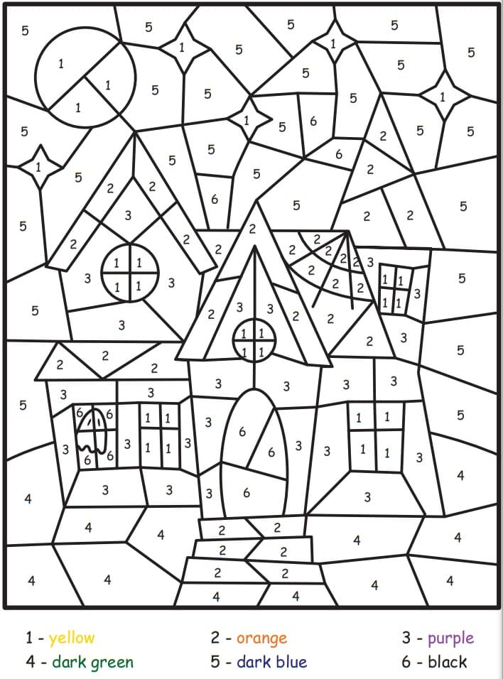 Dibujo de Casa Embrujada Colorear por Número para Colorear y Imprimir