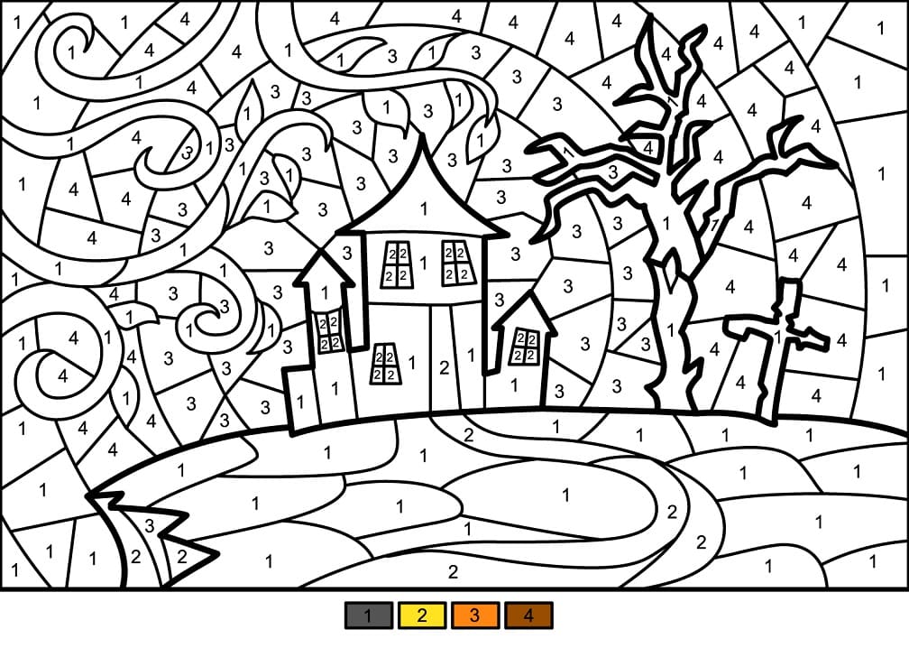 Dibujo de Casa Embrujada de Halloween Colorear por Número para Colorear y Imprimir