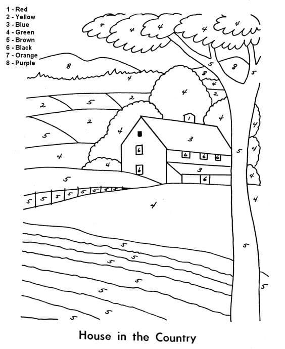 Dibujo de Colorear por Número de Casa de Campo para Colorear y Imprimir