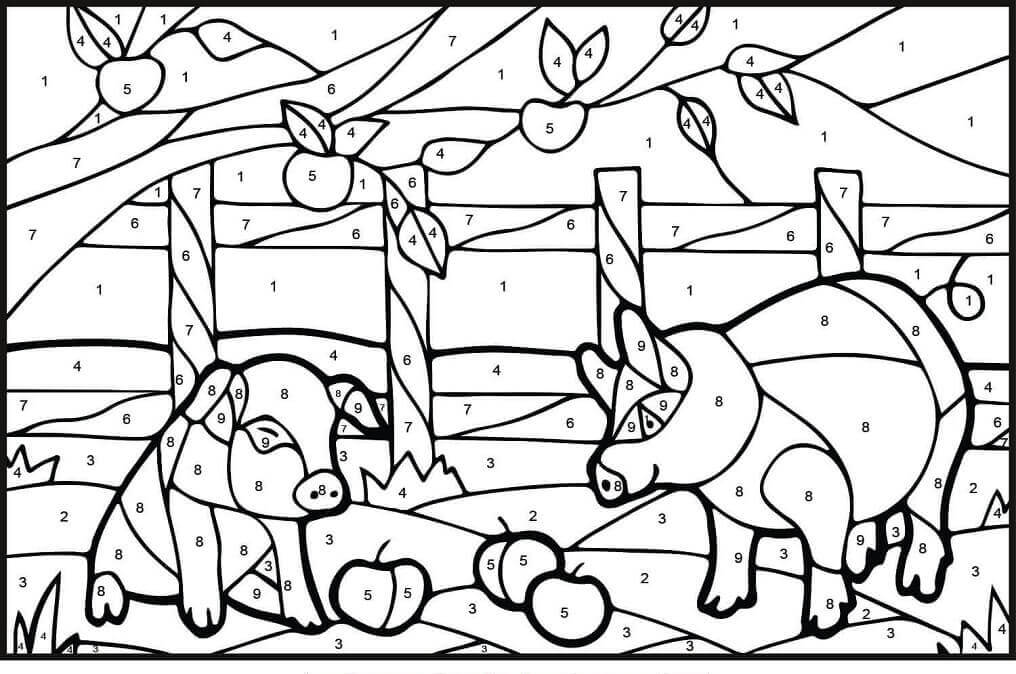 Dibujo de Color de Cerdos por Número para Colorear y Imprimir
