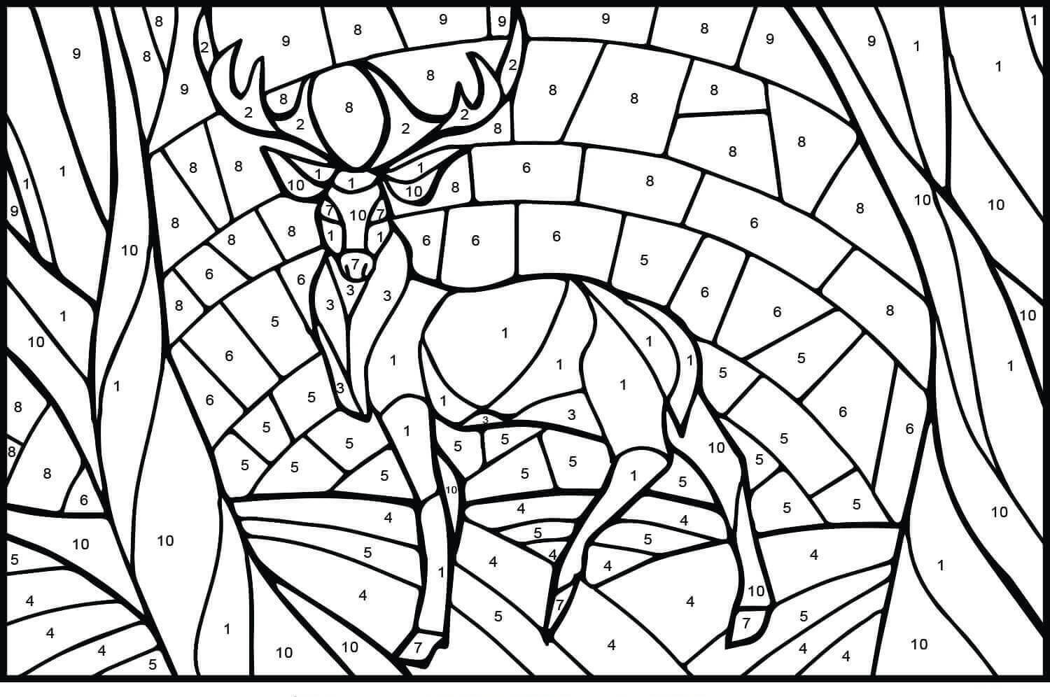 Dibujo de Color de Ciervo por Número para Colorear y Imprimir