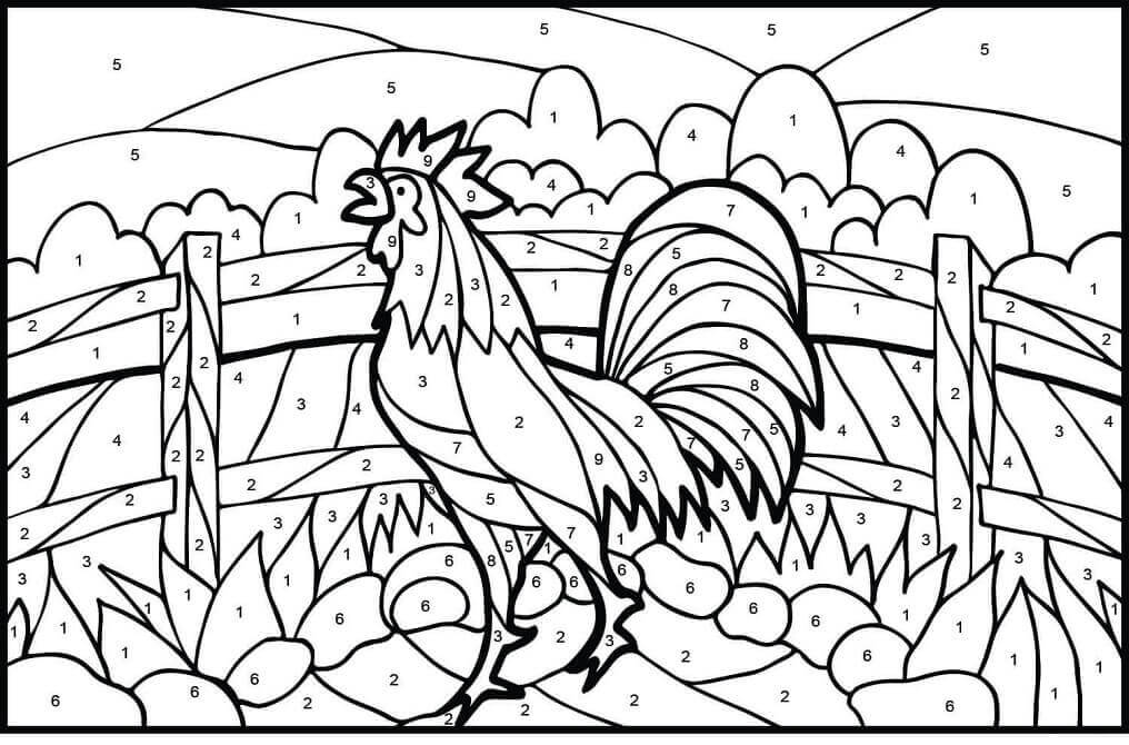 Dibujo de Color de Gallo por Número para Colorear y Imprimir