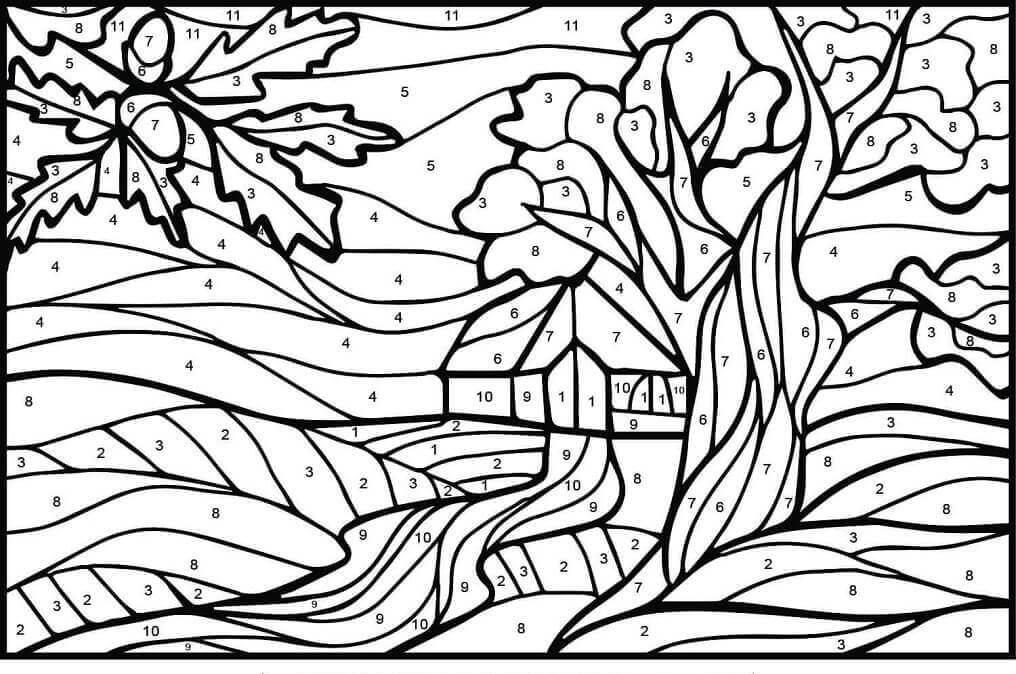 Dibujo de Color Del Árbol de Roble por Número para Colorear y Imprimir