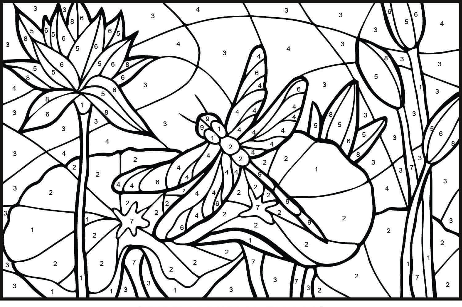 Dibujo de Libélula para Colorear por Número para Colorear y Imprimir