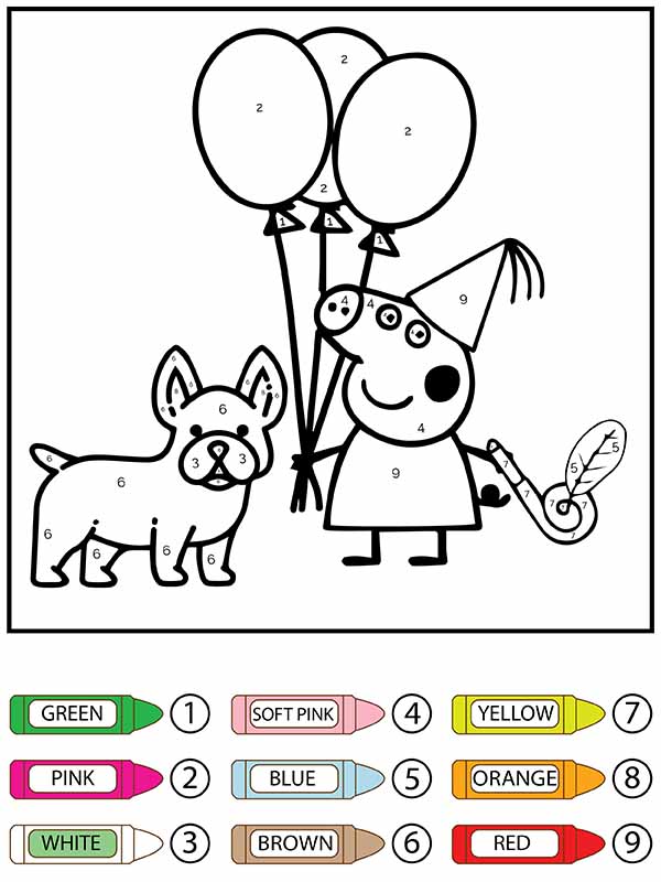 Dibujo de Cachorro y Peppa Pig Sosteniendo Globos Color por Número Pagina para Colorear para Colorear y Imprimir