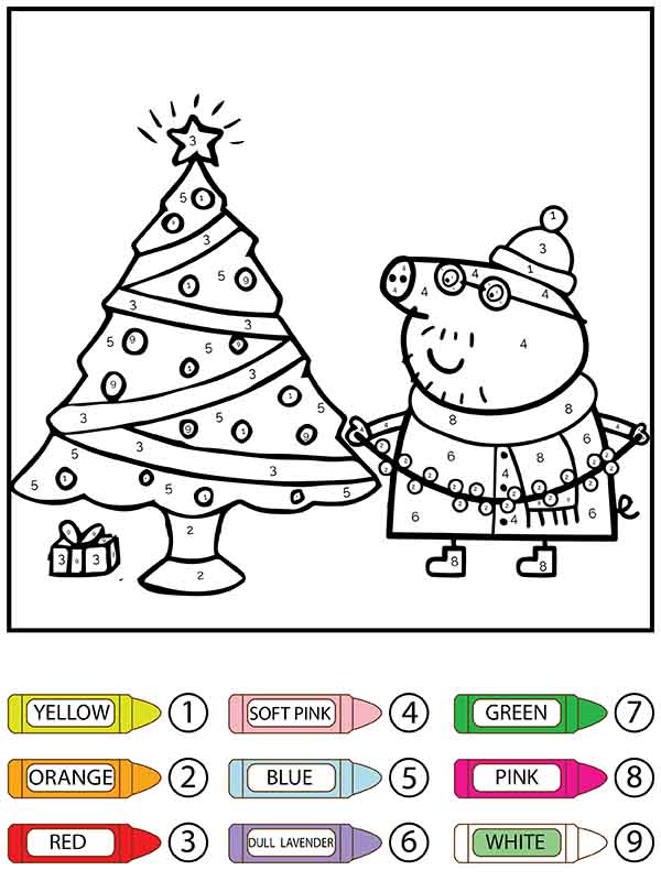 Dibujo de Colorear por Números El Árbol de Navidad y Peppa Pig Pagina para Colorear para Colorear y Imprimir