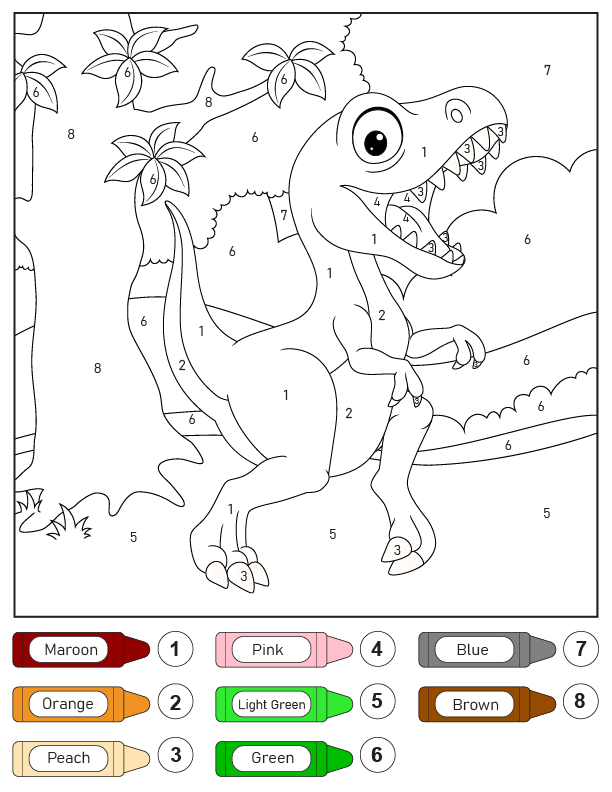 Dibujo de Dibujo para Colorear por Número de Dinosaurio T Rex Rugiente para Colorear y Imprimir