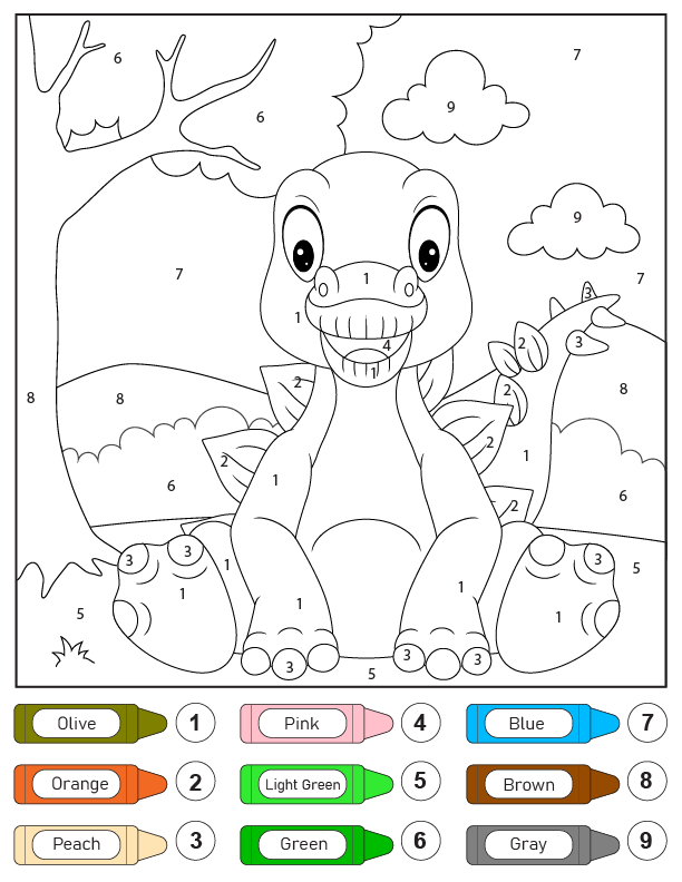 Dibujo de Lindo Pequeño Dino Color By Number para Colorear para Colorear y Imprimir