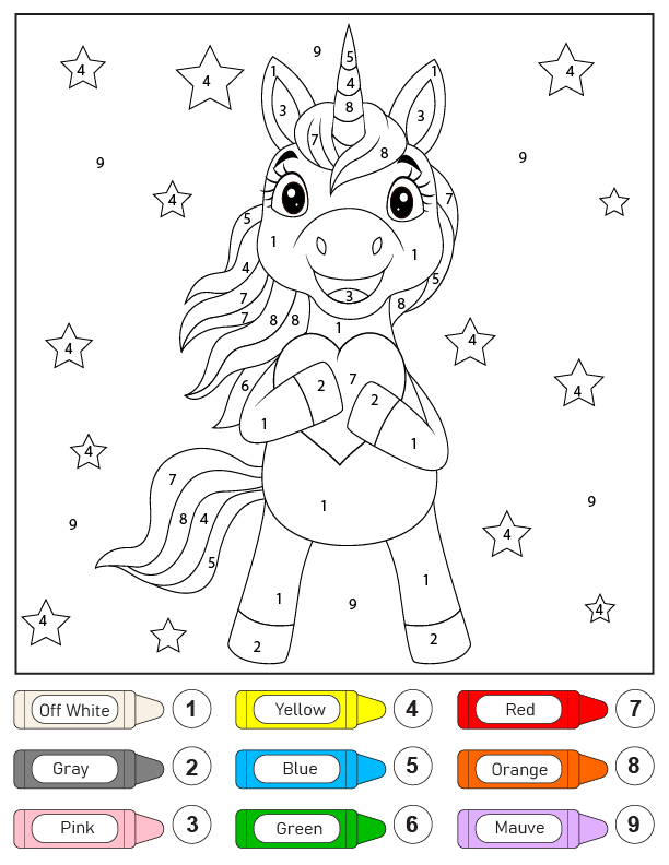 Dibujo de Colorear por Números Un Unicornio Con Un Corazón Pagina para Colorear para Colorear y Imprimir