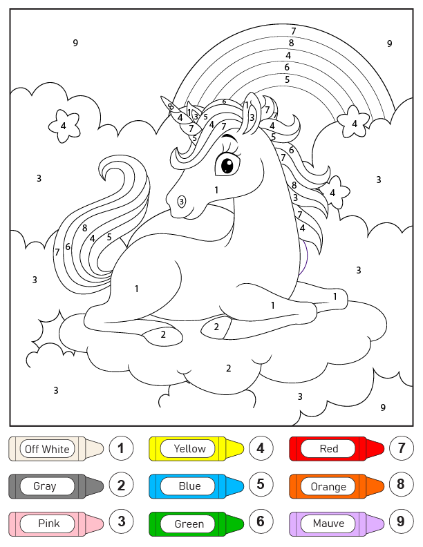 Dibujo de Colorear por Números Un Unicornio Sentado En Las Nubes Pagina para Colorear para Colorear y Imprimir