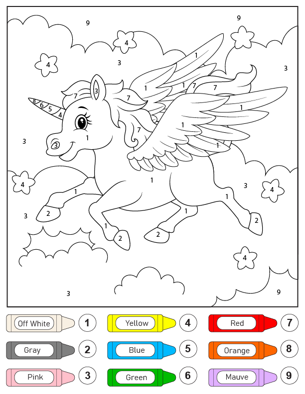Dibujo de Colorear Unicornio Con Alas por Número Pagina para Colorear para Colorear y Imprimir