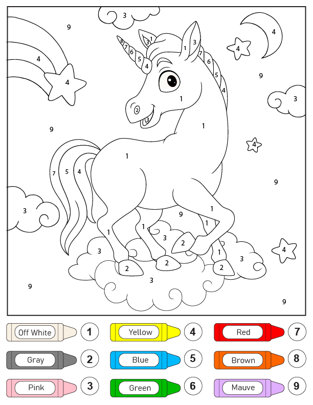 Dibujo de Colorear Unicornio En El Cielo por Números Pagina para Colorear para Colorear y Imprimir