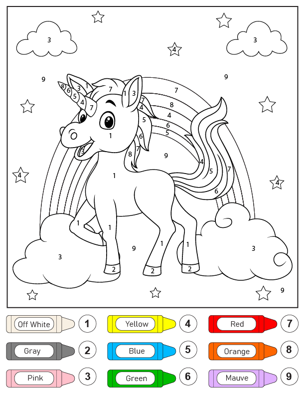 Dibujo de Colorear Unicornio y Arcoíris por Números Pagina para Colorear para Colorear y Imprimir
