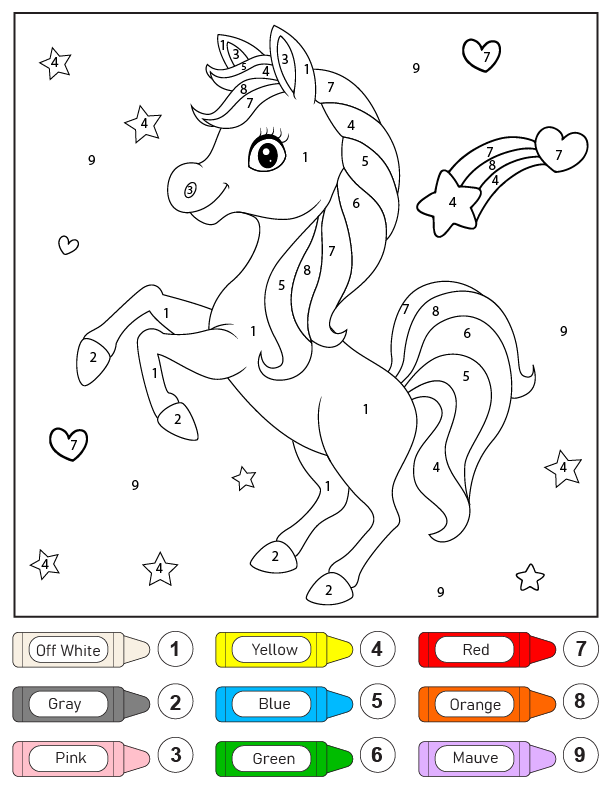 Dibujo de Colorear Unicornio y Estrellas de Pie por Número Pagina para Colorear para Colorear y Imprimir