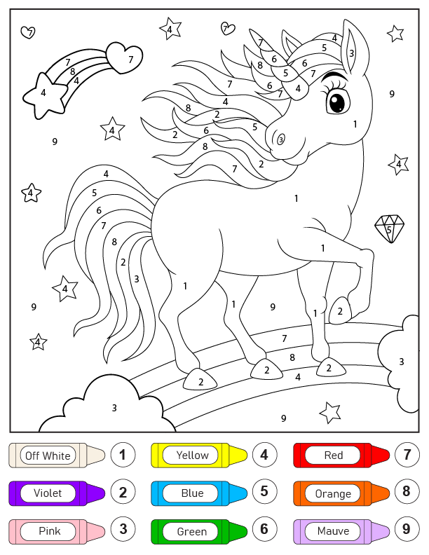 Dibujo de Pagina para Colorear de Unicornio sobre El Arcoíris Color por Número para Colorear y Imprimir